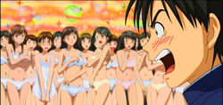  1boy 6+girls anime_screenshot black_hair blue_panties blush bra breasts brown_hair chemise cleavage covering_privates glasses green_hair ichigo_100_percent large_breasts lingerie long_hair manaka_junpei medium_breasts multiple_girls navel open_mouth panties photoshop_(medium) pink_panties short_hair sparkle strap_slip surprised thigh_gap underwear underwear_only walk-in white_panties yellow_panties 