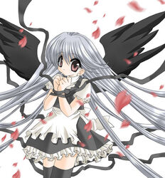  black_wings female grey_hair long_hair maid nekono_osero original red_eyes solo thighhighs very_long_hair wings 