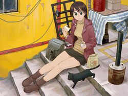  afternoon_(magazine) azuma_kiyohiko bag brown_hair cup eating feline female food lowres miniskirt short_hair sitting sitting_on_stairs skirt solo stairs 