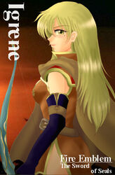  alternate_skin_color belt belt_buckle blonde_hair bow_(weapon) breasts brown_belt brown_cape buckle cape character_name check_commentary commentary commentary_request copyright_name elbow_gloves female fire_emblem fire_emblem:_the_binding_blade gloves high_collar hissaa_(starlight_express) holding holding_bow_(weapon) holding_weapon igrene_(fire_emblem) long_hair mole mole_under_eye photo_background purple_gloves side_slit small_breasts solo weapon yellow_eyes 