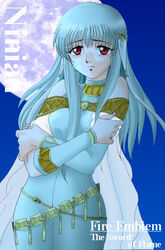  arm_warmers bare_shoulders blue_dress blue_hair character_name closed_mouth commentary_request copyright_name crossed_arms dress elbow_gloves female fire_emblem fire_emblem:_the_blazing_blade full_moon gloves hissaa_(starlight_express) light_blue_hair long_hair moon ninian_(fire_emblem) partial_commentary red_eyes sleeveless sleeveless_dress solo turtleneck turtleneck_dress 