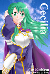  aqua_eyes aqua_hair arm_up armor belt blue_sky breastplate brown_belt cape cecilia_(fire_emblem) character_name closed_mouth cloud commentary_request copyright_name day faulds female fire_emblem fire_emblem:_the_binding_blade floating_hair hissaa_(starlight_express) long_hair long_sleeves partial_commentary photo_background purple_cape shoulder_armor sky smile solo split_mouth white_armor 