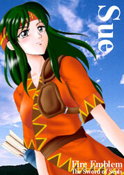  arrow_(projectile) blue_sky breasts character_name closed_mouth cloud collarbone commentary_request copyright_name day female fire_emblem fire_emblem:_the_binding_blade green_hair grey_eyes headband hissaa_(starlight_express) long_hair medium_breasts orange_headband partial_commentary photo_background quiver sky solo sue_(fire_emblem) 