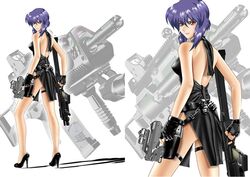  dress female ghost_in_the_shell gun high_heels kusanagi_motoko lipstick makeup orange_eyes purple_hair shoes weapon yuusuke_(ziyasu) 