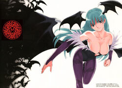  animal_print aqua_eyes aqua_hair armpits bare_shoulders bat_(animal) bat_print bat_wings black_footwear blunt_bangs boots breasts bridal_gauntlets cleavage clenched_hand clothing_cutout demon_girl feathers female floating_hair head_tilt head_wings heart_cutout hexagram highleg highleg_leotard large_breasts leaning_forward leg_lift leotard light_smile long_hair looking_at_viewer matsuryuu morrigan_aensland pantyhose print_pantyhose purple_pantyhose simple_background smile solo too_many too_many_bats translation_request vampire_(game) very_long_hair white_background wings 