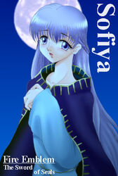  belly_chain blue_dress blush braid character_name cloak collarbone commentary_request copyright_name dress female fire_emblem fire_emblem:_the_binding_blade full_moon hair_between_eyes hand_up hissaa_(starlight_express) jewelry light_purple_hair long_hair long_sleeves moon night night_sky open_mouth partial_commentary purple_cloak purple_eyes sky solo sophia_(fire_emblem) tareme 