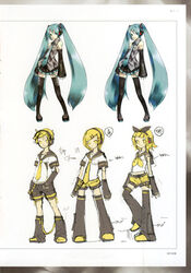  1boy 2girls aqua_eyes aqua_hair bare_shoulders black_legwear blonde_hair blue_necktie boots bow concept_art detached_sleeves full_body hair_ornament hairband hairbow hairclip hatsune_miku headphones highres kagamine_len kagamine_len_(if) kagamine_rin kagamine_rin_(if) kei_(keigarou) knee_up long_hair multiple_girls neckerchief necktie photoshop_(medium) pleated_skirt prototype_design short_hair short_sleeves shorts sketch skirt sleeveless smile thigh_boots thighhighs translated twintails very_long_hair vocaloid vocaloid_boxart_pose yellow_eyes yellow_neckerchief yellow_necktie 