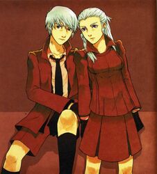  1boy aquarion_(series) artist_request black_legwear black_necktie braid brother_and_sister chloe_klick collared_shirt dress dress_shirt female formal gloves jacket kneehighs kurt_klick long_sleeves looking_at_viewer necktie open_clothes open_jacket red_dress red_theme shirt short_hair siblings silver_hair sitting skirt socks sousei_no_aquarion standing suit twin_braids twins white_shirt 