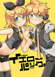  1boy bare_shoulders belt bent_over black_bow black_legwear black_shorts black_star_(module) blonde_hair blue_moon_(module) blush bow commentary_request cover cover_page doujin_cover eyebrows female fingerless_gloves gloves green_eyes hair_ornament hairbow hairclip hand_on_own_hip headset hekicha highres interlocked_fingers kagamine_len kagamine_rin navel necktie ponytail project_diva_(series) project_diva_extend short_shorts shorts simple_background thighhighs vocaloid yellow_background yellow_necktie 