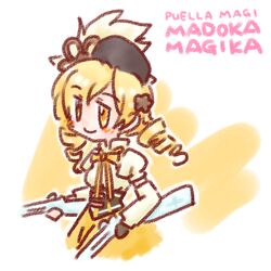  blonde_hair commentary_request female gloves gun hat magical_girl mahou_shoujo_madoka_magica mahou_shoujo_madoka_magica_(anime) ribbon rifle sakaguchi_misaki smile solo tomoe_mami tomoe_mami_(magical_girl) twintails weapon yellow_eyes 