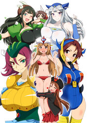  1boy 6+girls aoi_manabu bikini breast_press breasts bulge censored commentary_request crossdressing erection erection_under_clothes gacky_(robot_girls_z) heart huge_breasts jeeg-san large_breasts long_hair looking_at_viewer minerva_x_(robot_girls_z) multiple_girls navel one_eye_closed otoko_no_ko robot_girls_z short_hair simple_background smile straight swimsuit white_background z-chan 