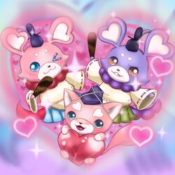  1:1 asian_mythology blue_eyes east_asian_mythology fur group heart_symbol hi_res japanese_mythology level-5 looking_at_viewer male mythology one_eye_closed orange_eyes pink_body pink_fur pinkipoo pon_(artist) pookivil purple_body purple_fur semi-anthro shmoopie wink yo-kai_watch yokai 