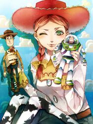  animification bad_id bad_pixiv_id blush braid buzz_lightyear cowboy cowboy_hat cowboy_western cowgirl_(western) female green_eyes hat highres jessie_the_yodeling_cowgirl lips one_eye_closed red_hair sheriff_woody solo toy toy_story tsukioka_tsukiho 