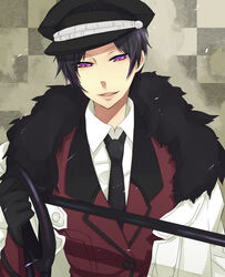  1boy bad_id bad_pixiv_id black_hair coat durarara!! fur_trim gloves highres kotobuki_(medetai) male_focus military military_uniform necktie orihara_izaya purple_eyes smirk solo uniform whip 