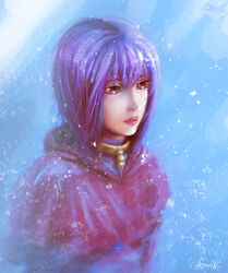  arsenixc bad_deviantart_id bad_id cheza cloak collar female lips lipstick makeup portrait purple_hair red_eyes short_hair snow solo wolf&#039;s_rain 