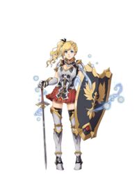  armor armored_boots asymmetrical_bangs blonde_hair blue_eyes boots braid breasts cleavage earrings elise_(royal_flush_heroes) female french_braid full_body greaves highres holding holding_shield holding_sword holding_weapon jewelry large_breasts long_hair miemia official_art parted_lips pleated_skirt royal_flush_heroes shield side_ponytail skirt solo sword thigh_boots thighhighs transparent_background weapon 