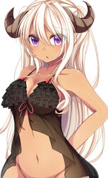  babydoll bloodcatblack bottomless bow breasts cleavage commentary_request dark-skinned_female dark_skin eyebrows eyes_visible_through_hair female frills groin hair_between_eyes highres horns large_breasts lingerie long_hair looking_at_viewer navel original out-of-frame_censoring purple_eyes red_bow red_ribbon ribbon see-through simple_background sleeveless solo stomach two_side_up underwear underwear_only upper_body white_background white_hair 