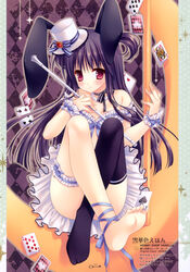  absurdres animal_ears arm_garter bare_shoulders barefoot between_toes blush bridal_garter card convenient_leg eight_of_spades feet female floating_card hat highres holding_with_feet jewelry long_legs mini_hat mini_top_hat necklace original playing_card purple_hair queen_(playing_card) queen_of_diamonds rabbit_ears red_eyes ribbon single_thighhigh six_of_clubs soles solo tatekawa_mako ten_of_diamonds thighhighs top_hat twirl_baton two_of_hearts wrist_cuffs 