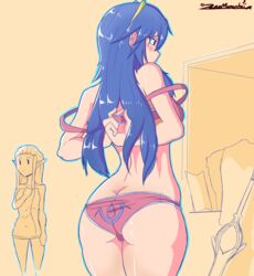  2girls ass bare_shoulders blue_eyes blue_hair bra female_only fire_emblem fire_emblem_awakening hairband long_hair lucina_(fire_emblem) multiple_girls nintendo panties pink_bra pink_panties princess_zelda sepia small_breasts solo_focus spot_color super_smash_bros. sword the_legend_of_zelda towel underwear undressing weapon zelda_(twilight_princess) zeromomentai 