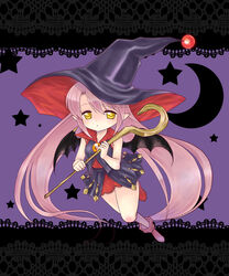  bare_arms bat_wings commentary_request female full_body growlanser growlanser_iii hat jewelry long_hair looking_at_viewer moon photoshop_(medium) pink_hair pointy_ears raimy shoes skirt socks solo staff star_(symbol) twintails two-tone_background vest wings witch witch_hat yellow_eyes zoukin 