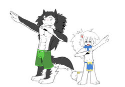  abs anthro barefoot blush bottomwear canid canine canis clothing digitigrade duo embarrassed featureless_crotch feet felid front_view kemono leo_(whiteleo) lion loincloth male mammal mane muscular muscular_male nazi_salute open_mouth pantherine pecs pose scarf shorts size_difference smile translucent translucent_clothing whiteleo wolf young young_anthro 