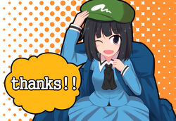  :d adjusting_clothes adjusting_headwear arm_up ascot backpack bag black_hair blue_dress blue_eyes blue_skirt blush collared_shirt commentary_request cowboy_shot dark_haired_kappa dress english_text extra female flat_cap formal gradient_background hand_on_own_head hat kappa_mob_(touhou) kokubun_(akikawaship) long_sleeves looking_at_viewer neckerchief one_eye_closed open_mouth orange_background patterned_background shirt short_hair simple_background skirt skirt_set smile solo speech_bubble touhou 