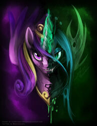  2016 alicorn changeling crown equine female friendship_is_magic green_eyes horn jewelry looking_at_viewer mammal my_little_pony necklace princess_cadance_(mlp) purple_eyes queen_chrysalis_(mlp) slifertheskydragon slit_pupils solo split_personality wings 