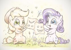  2015 applejack_(mlp) assasinmonkey blonde_hair blue_eyes chibi duo earth_pony equid equine female feral fountain_pen freckles friendship_is_magic green_eyes hair hasbro horn horse mammal my_little_pony mythological_creature mythological_equine mythology paper pen pencil_(object) pony rarity_(mlp) simple_background smile unicorn 