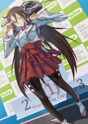  black_hair commentary_request female helmet hiroaki_(hiropon_pj) jacket locadol_promotion long_hair nontraditional_miko one_eye_closed original pantyhose platform_footwear red_eyes salute smile solo very_long_hair 