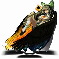  arm_cannon arugeri black_wings bow breasts brown_hair cape female floating hairbow kneehighs large_bow large_breasts loafers long_hair radioactive red_eyes reiuji_utsuho shadow shoes smirk socks solo touhou weapon white_legwear wings 