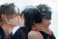  2boys bandana black_hair closed_eyes commentary_request female from_side grey_background grey_hair hair_over_eyes hand_on_another&#039;s_neck hug kissing long_hair multiple_boys otani_(gloria) straight tokyo_itan_shinmon 