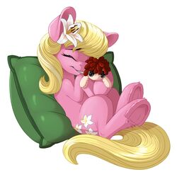  1:1 2015 accessory blonde_hair closed_eyes doll earth_pony equid equine eyebrows eyelashes female feral flower flower_in_hair friendship_is_magic fur hair hair_accessory hasbro hi_res hooves horse lily_(mlp) mammal my_little_pony pillow pink_body pink_fur plant pony pusspuss simple_background smile solo underhoof white_background 