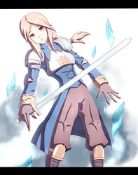  agrias_oaks armor blonde_hair braid crystal female final_fantasy final_fantasy_tactics gloves gradient gradient_background long_hair pants rice_(pixiv436521) shoulder_pads single_braid solo sword weapon white_background 