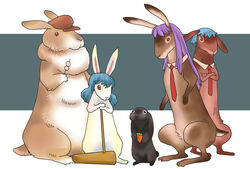  animal animalization blue_hair carrot_necklace clothed_animal collar commentary_request crossed_arms dango detached_collar flat_cap food hat holding holding_food inaba_tewi inaba_tewi_(bunny) jewelry kine long_hair mallet necklace necktie no_humans onikobe_rin purple_hair rabbit red_eyes reisen_(touhou_bougetsushou) reisen_(touhou_bougetsushou)_(bunny) reisen_udongein_inaba reisen_udongein_inaba_(bunny) ringo_(touhou) ringo_(touhou)_(bunny) seiran_(touhou) seiran_(touhou)_(bunny) short_hair touhou wagashi 