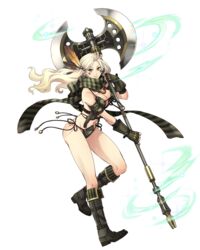  axe blonde_hair boots breasts cleavage earrings facial_mark feather_hair_ornament feathers female fingerless_gloves floating_hair full_body ginny gloves hair_ornament highres holding holding_axe huge_weapon jewelry large_breasts long_hair miemia navel official_art royal_flush_heroes scarf solo transparent_background weapon yellow_eyes 