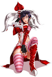  armor between_legs black_hair bow_(weapon) breasts cleavage commentary_request female fingerless_gloves glasses gloves hand_between_legs heart heartseeker_vayne highres large_breasts league_of_legends navel on_one_knee short_hair shoulder_armor simple_background skirt solo striped_clothes striped_thighhighs takebi thighhighs vayne_(league_of_legends) weapon white_background 