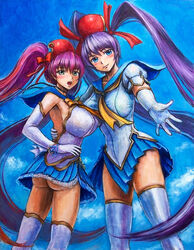  2girls ass blue_eyes blue_sailor_collar blue_skirt bow breasts brooch commentary_request dual_persona elbow_gloves gloves jewelry large_breasts long_hair multiple_girls mushihime-sama mushihime-sama_futari oil_painting_(medium) painting_(medium) purple_hair reco sailor_collar skirt tafuto thighhighs traditional_media twintails very_long_hair white_legwear wing_brooch 