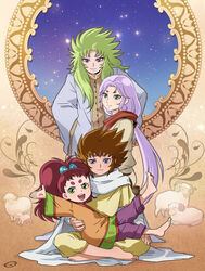  3boys animal aries_(constellation) aries_muu aries_shion barefoot brown_hair commentary_request constellation female green_eyes green_hair horns indian_style kiki_(saint_seiya) long_hair mizuhara_aki multiple_boys open_mouth purple_eyes purple_hair raki_(saint_seiya) saint_seiya saint_seiya_omega sheep sheep_horns sitting sky star_(sky) starry_sky 