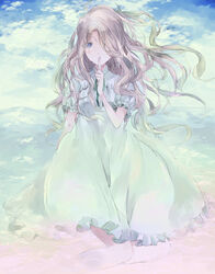  blonde_hair blue_eyes cloud colored_eyelashes commentary_request covering_own_mouth dress female finger_to_mouth floating_hair frilled_dress frilled_sleeves frills hair_over_one_eye highres index_finger_raised long_hair looking_at_viewer marnie_(omoide_no_marnie) omoide_no_marnie pale_color puffy_short_sleeves puffy_sleeves punitama short_sleeves sitting sky solo tears very_long_hair wavy_hair white_dress wind 