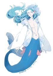  1boy blue_eyes blue_hair character_name commentary_request dated dc9spot floating_hair highres long_hair male_focus merman monster_boy personification pokemon ponytail primarina signature simple_background smile solo starfish_hair_ornament thai_commentary very_long_hair white_background 