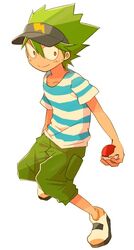  1boy arin-ko capri_pants closed_mouth commentary_request cosplay elio_(pokemon) elio_(pokemon)_(cosplay) full_body green_hair holding holding_poke_ball kameyama_tokusa male_focus orange_eyes pants poke_ball poke_ball_(basic) pokemon pokemon_sm shirt simple_background smile solo spiked_hair striped_clothes striped_shirt t-shirt tan tenkai_knights visor_cap white_background 