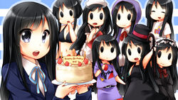  akiyama_mio bikini black_eyes black_hair cake commentary_request don&#039;t_say_&quot;lazy&quot; female food fruit fuwafuwa_time happy_birthday hazuki_(sutasuta) highres k-on! listen!! long_hair maid multiple_persona no_thank_you!_(k-on!) school_uniform strawberry swimsuit 