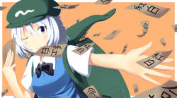  backpack bag blue_eyes blush bow bowtie commentary_request extra female hat highres kappa_mob_(touhou) kokubun_(akikawaship) short_hair short_sleeves simple_background smile solo touhou translation_request white_hair 