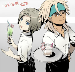  2boys asta_(inazuma_eleven) dreadlocks drinking_straw glass headband inazuma_eleven_(series) inazuma_eleven_go inazuma_eleven_go_vs_danball_senki_w male_focus mizuhara_aki multiple_boys san_(inazuma_eleven) standing tray waiter 