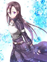  1boy armor bad_id bad_pixiv_id black_hair breastplate fingerless_gloves gloves kirito kirito_(sao-ggo) kuroki_natsu long_hair otoko_no_ko purple_eyes sword_art_online 