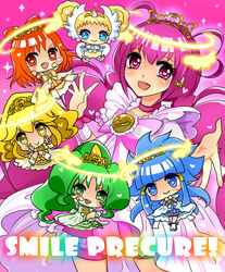  6+girls :d aoki_reika bad_id bad_pixiv_id blonde_hair blue_eyes blue_hair blush boots bow bow-shaped_hair candy_(smile_precure!) chibi copyright_name cure_beauty cure_beauty_(princess_form) cure_happy cure_happy_(princess_form) cure_march cure_march_(princess_form) cure_peace cure_peace_(princess_form) cure_sunny cure_sunny_(princess_form) double_bun double_v dress frills glowing green_eyes green_hair hair_bun hair_tubes halo head_wings heart heart-shaped_pupils hino_akane_(smile_precure!) hoshizora_miyuki long_hair mamepote midorikawa_nao mini_person minigirl multiple_girls open_mouth orange_eyes orange_hair pink_eyes pink_hair ponytail precure rainbow_text royal_candy skirt smile smile_precure sparkle symbol-shaped_pupils thigh_boots thighhighs tiara tri_tails twintails v wings yayoi_kise yellow_eyes 