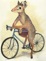  2015 ambiguous_gender antelope anthro bicycle bovid cycling dik-dik goat-soap hi_res hooves horn looking_at_viewer mammal nude semi-anthro smile solo traditional_media_(artwork) true_antelope vehicle wheel 