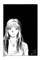  black_background female forget-me-not greyscale highres imari_mariel long_hair monochrome solo tsuruta_kenji 