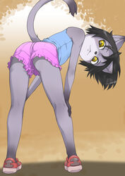  2014 anthro ass bent_over black_hair blush bottomwear butt_pose clothed clothing countershading domestic_cat felid feline felis female fur grey_body grey_fur hair j7w kemono looking_at_viewer looking_back mammal pose raised_tail rear_view rorikemo_(j7w) shadow shorts solo tail yellow_eyes young young_anthro young_female 