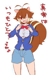  ;) animal_ears antenna_hair blazblue blazer blue_shorts bow bowtie brown_eyes brown_hair commentary_request cosplay crossdressing crossover edogawa_conan edogawa_conan_(cosplay) female jacket makoto_nanaya meitantei_conan nakasaka_sakana one_eye_closed short_hair shorts smile solo squirrel_ears squirrel_girl squirrel_tail tail tomboy translated 